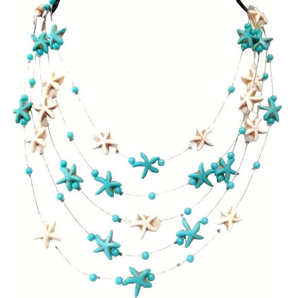 Nautical Ocean Starfish Bead Necklace Statement Bib Floating Wire Blue White - Picture 3 of 5